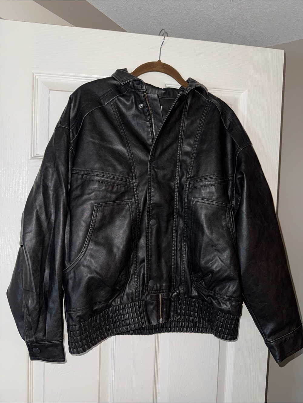 Black Faux Leather Bomber Jacket